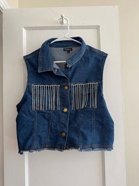 bebe Blue Denim Vest with Crystal Fringe